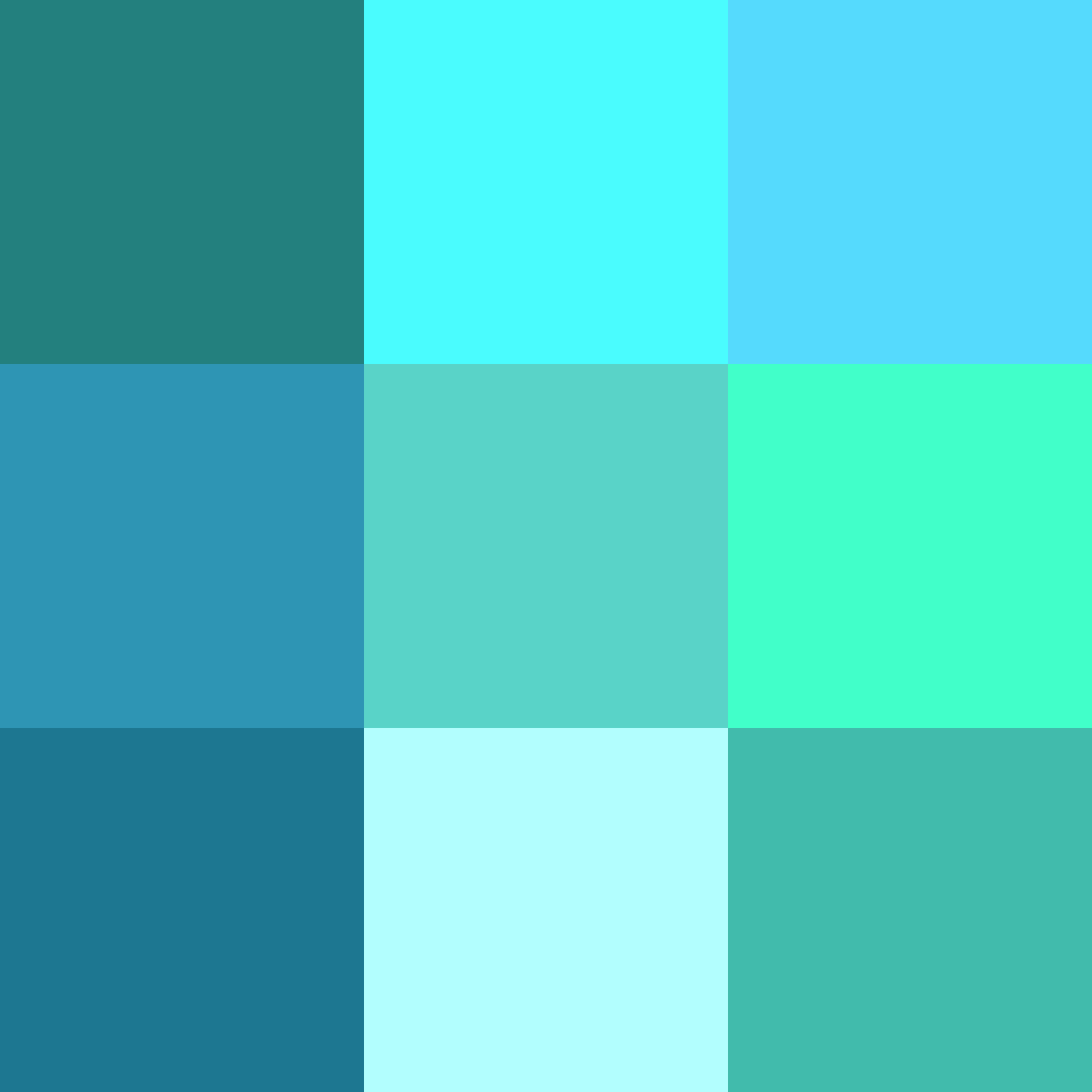 A box of 9 different colours that are around the colours of aqua teal and turquoise. The caption says "which colours do you see? How many can you name? 